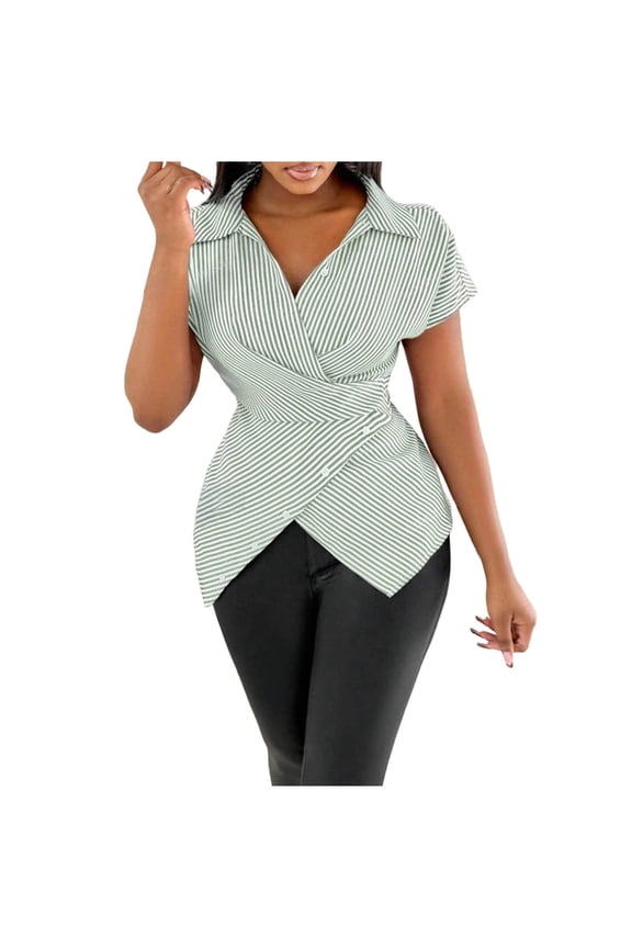 Stripes Cross V Neck Wrap Blouse for Women Fashion Sexy Slim Fit Short Sleeve Buttons Shirts Casual Cozy Tops