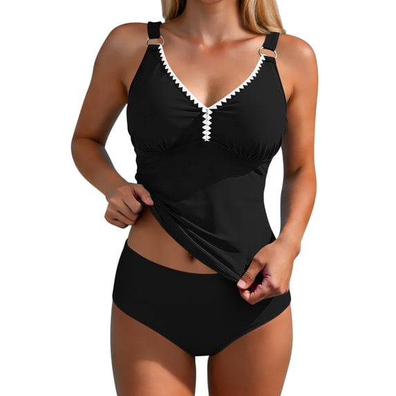 Plcasen Tankini Swimsuits for Women 2 Piece Tummy Control Bathing Suit V Neck Tankini Top with Bottom