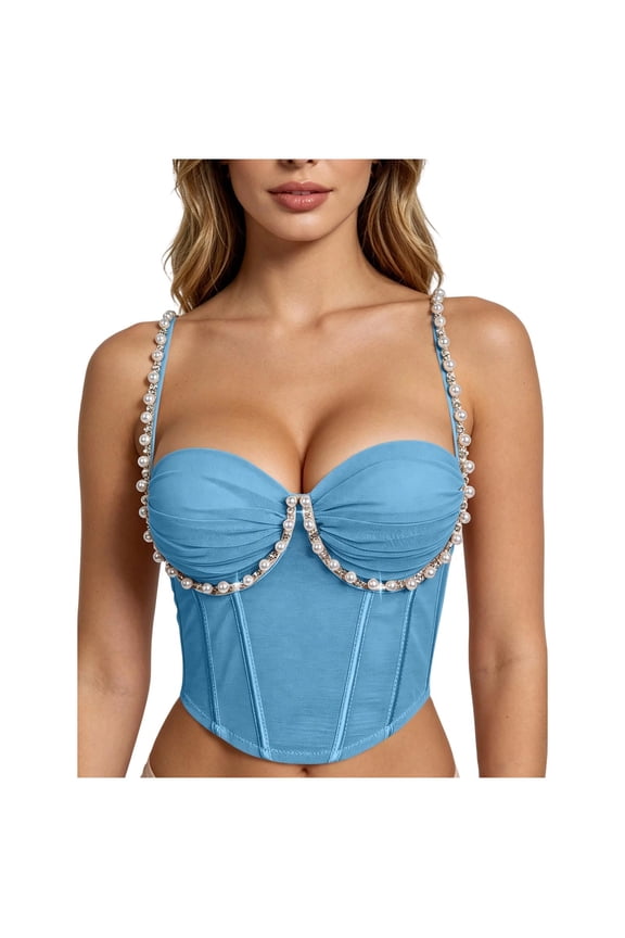 Women Corset Crop Tops Pearls Rhinestones Underwire Bustier Ruched Mesh Slim Sleeveless Party Club Date Night Top