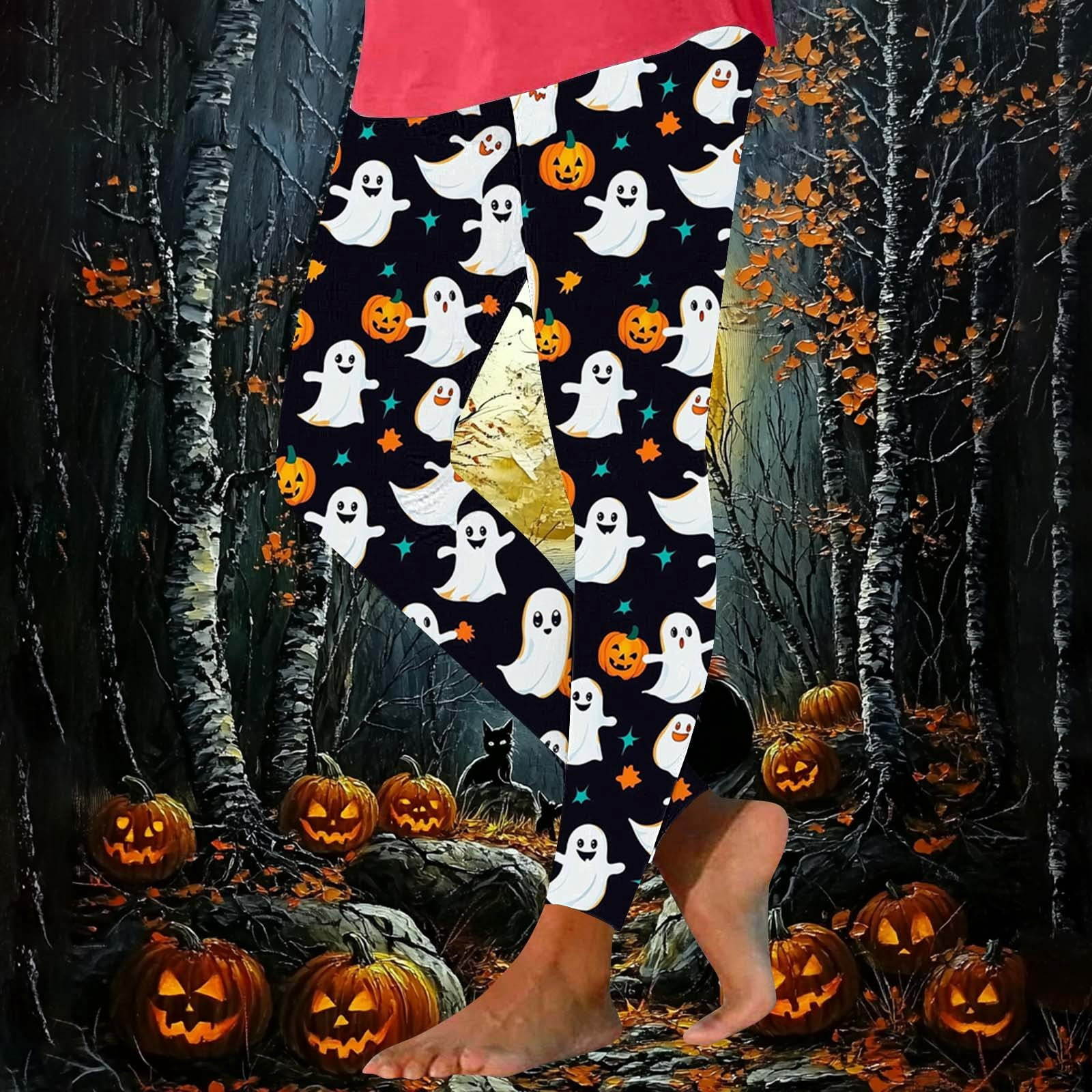 Plcasen Women Halloween Ghost‑Pumpkin Print Stretch Leggings, Fitted ...
