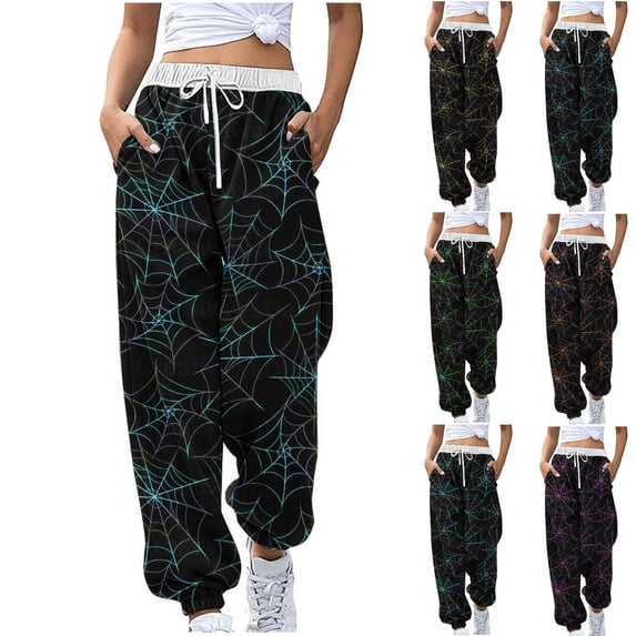 Plcasen Women Halloween Spider‑Web Print Drawstring Jogger Pants, Loose Casual Pants With Pockets