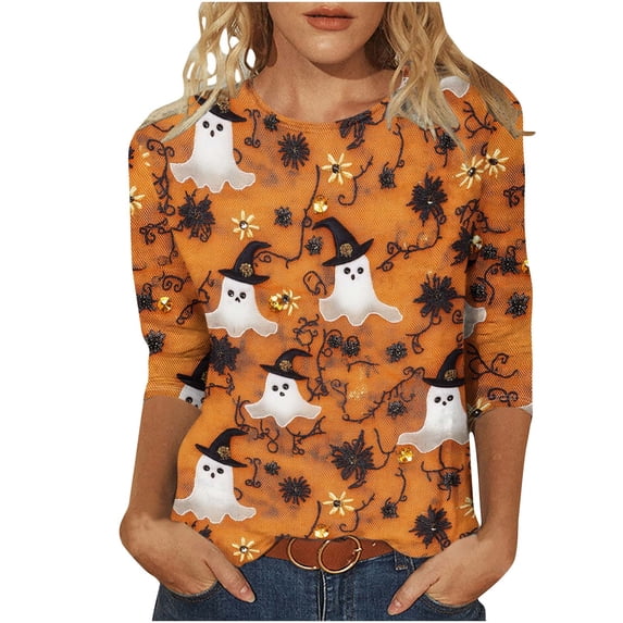 Plcasen Women Halloween Witch Hat Ghost Floral All Over Print Round Neck 3/4 Sleeve Loose Blouse Top