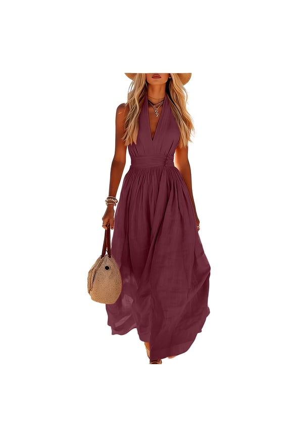 Women Halter V Neck Maxi Dress Sleeveless Drop Waist Corset Formal Sexy Flowy Aline Beach Long Sundress