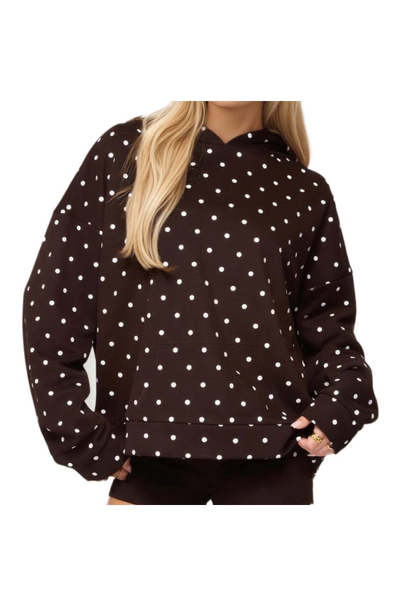 Women Polka Dot Hoodie Oversized Fleece Hooded Sweatshirt Long Sleeve Drop Shoulder Hoodies with Pocket