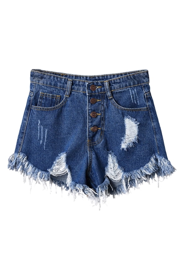Women's Button Down High Rise Frayed Raw Hem Stretchy Denim Shorts