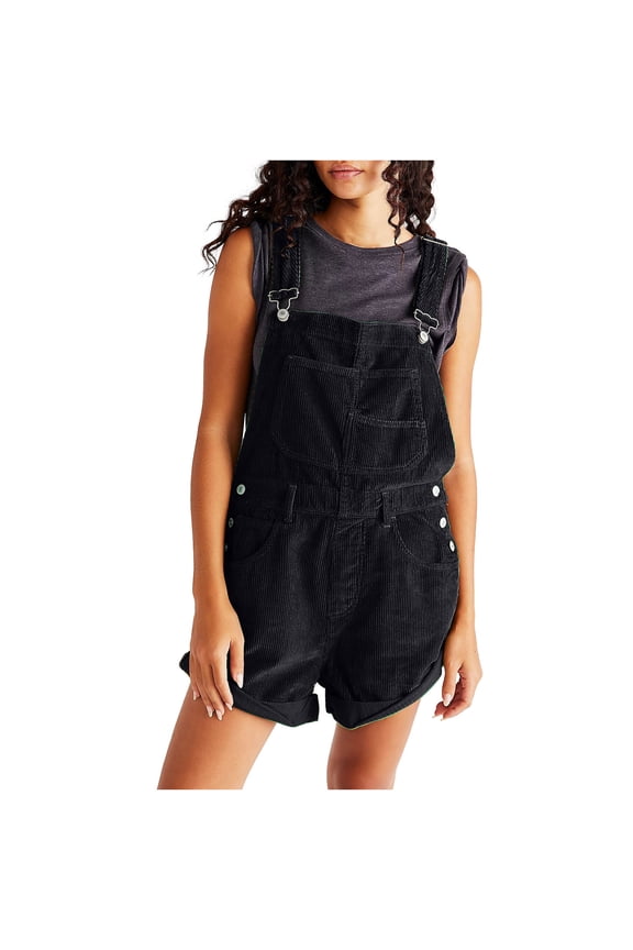 Women's Casual Rompers Corduroy Loose Overalls One Piece Sleeveless Wide Leg Short Pant Jumpsuits With Pockets