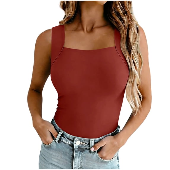 Plcasen Women's Double Layer Tank Tops Square Neck Sleeveless Basic Tight T Shirts