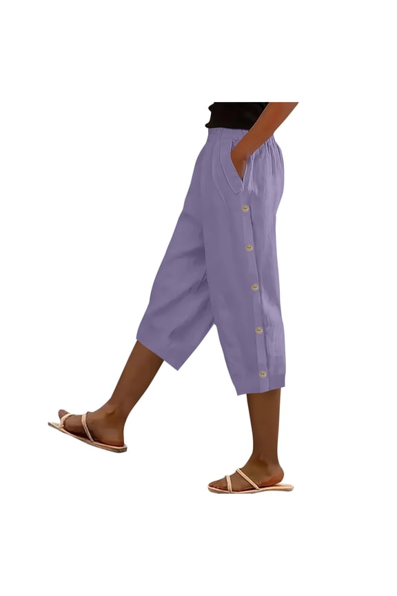 Women's Elastic Waist 3/4 Capri Harem Pants with Pockets Casual Loose Solid Yoga Trousers