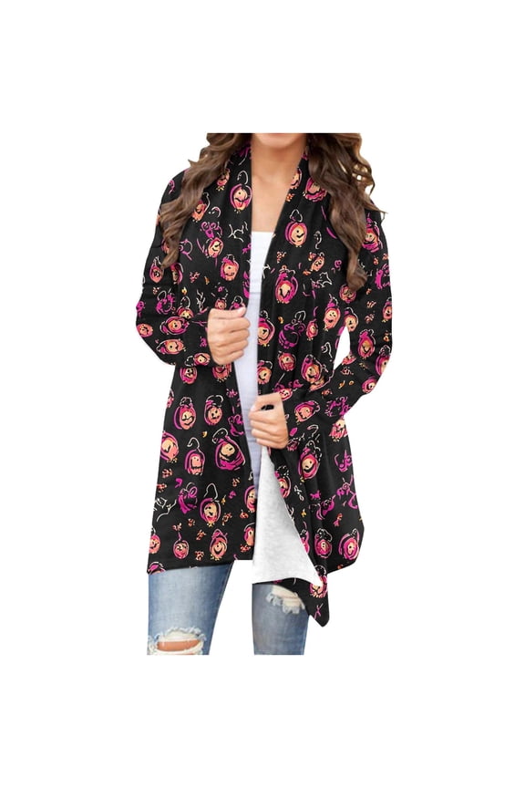 Women's Halloween Cat Pumpkin Cardigan Long Sleeve Open Front Knit Outwear Over Coats Knit Sweater Top