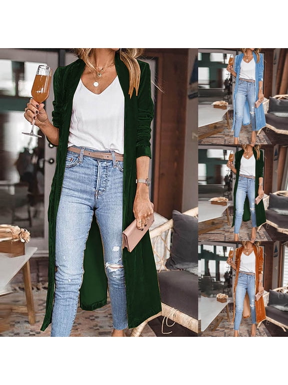 Women's Long Velvet Cardigan Jacket Casual Open Front Velour Lapel Cardigan Maxi Blazer Duster Outwear Sweater