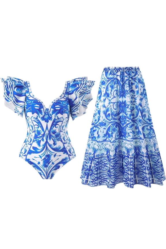 Women's One Piece Swimsuit with Skirt V Neck Bikini Front Cut Out Two Piece Bathing Suit