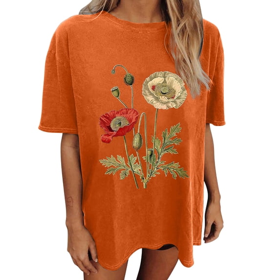 Plcasen Women's Oversized Vintage Floral Graphic Tee - Wildflower T-Shirts Short Sleeve Casual Loose Holiday Tops Shirt