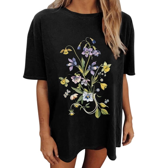 Plcasen Women's Oversized Vintage Floral Graphic Tee - Wildflower T-Shirts Short Sleeve Casual Loose Holiday Tops Shirt