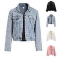 thumbnail image 1 of Plcasen Women's Pearls Denim Jacket Cropped Rhinestones Jean Jacket Coat, 1 of 3
