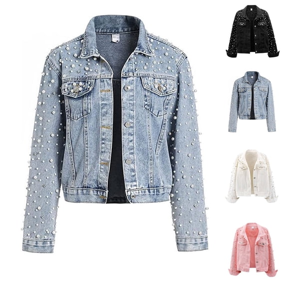 Plcasen Women's Pearls Denim Jacket Cropped Rhinestones Jean Jacket Coat