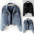 thumbnail image 1 of Plcasen Women's Pearls Denim Jacket Cropped Rhinestones Jean Jacket Coat, 1 of 7
