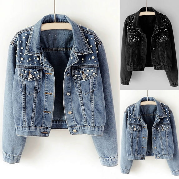 Plcasen Women's Pearls Denim Jacket Cropped Rhinestones Jean Jacket Coat