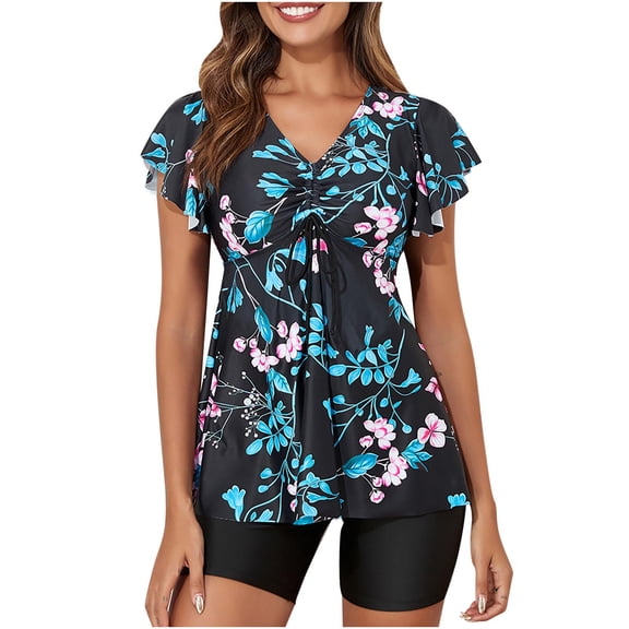 Plcasen Women's Tankini Swimsuits Ruffled Flowy Tankini Tops with Boy Shorts Swimwear Tummy Control Bathing Suits