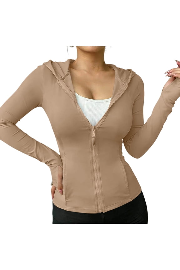 Women's Workout Jackets UPF 50+ Zip Up Cropped Athletic Jacket Slim Fit Hooded Running Yoga Tops Thumb Holes