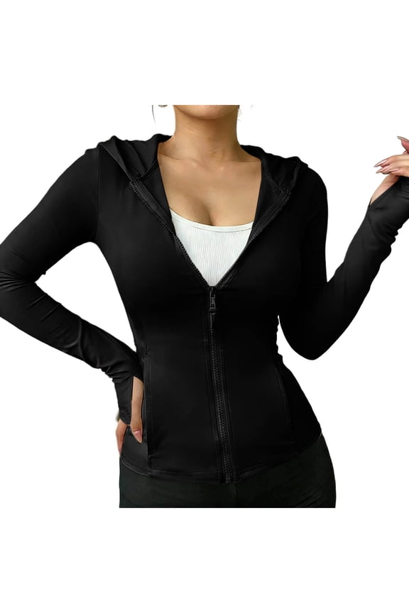 Women's Workout Jackets UPF 50+ Zip Up Cropped Athletic Jacket Slim Fit Hooded Running Yoga Tops Thumb Holes