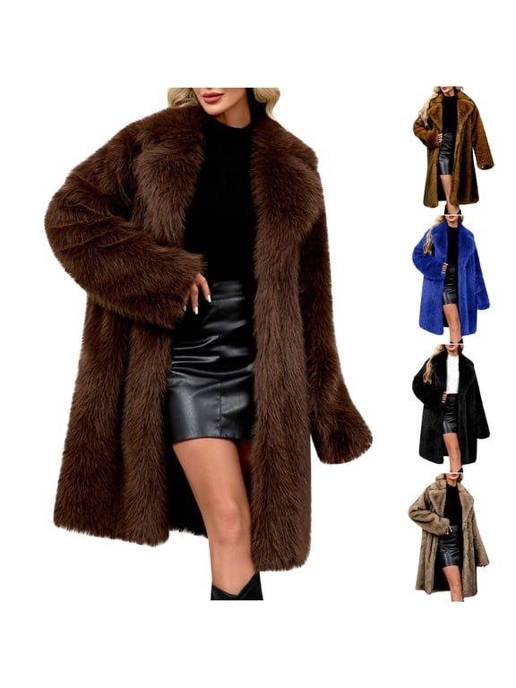 Womens Faux Fur Coat Long Warm Fluffy Fur Jacket | Lapel Collar,Long Sleeve, Winter Furry Coat, Fuzzy Shaggy Jacket