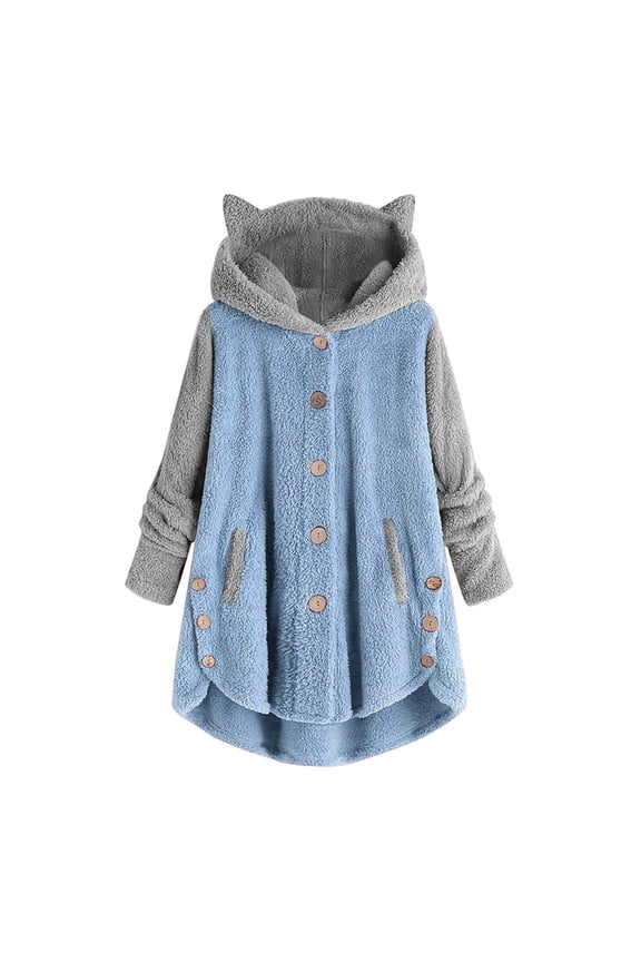 Womens Fuzzy Fleece Jacket Hooded Color Block Patchwork Cardigan Coats Outerwear with Pockets