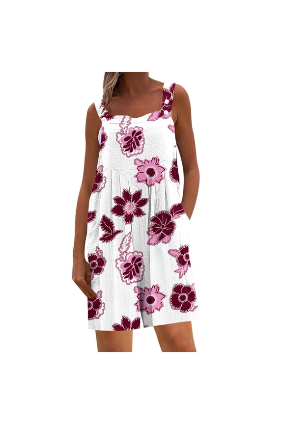 Womens Summer Casual Sleeveless Romper Dress Loose Cotton Striped Shorts Overalls Jumpsuit