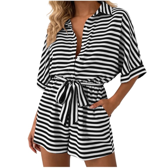 Plcasen Womens Summer Rompers V Neck Short Sleeve Striped Button Down Jumpsuit with Pockets