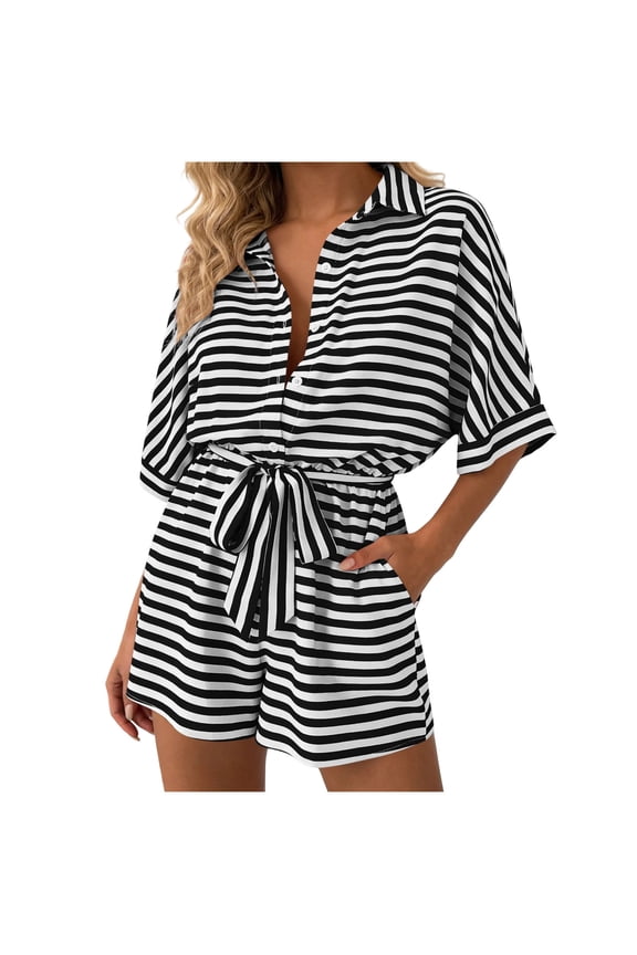 Womens Summer Rompers V Neck Short Sleeve Striped Button Down Jumpsuit with Pockets