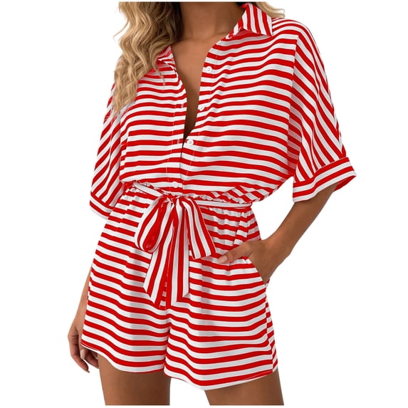Plcasen Womens Summer Rompers V Neck Short Sleeve Striped Button Down Jumpsuit with Pockets