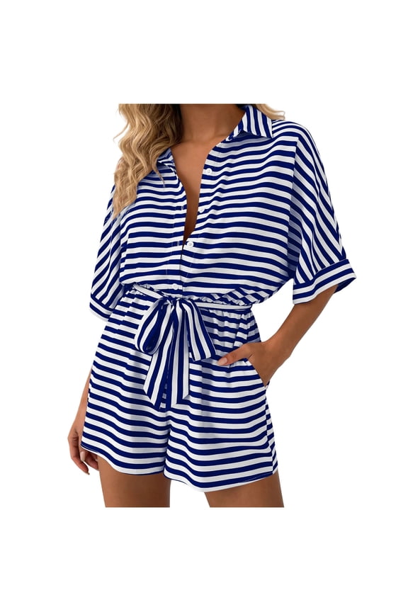 Womens Summer Rompers V Neck Short Sleeve Striped Button Down Jumpsuit with Pockets