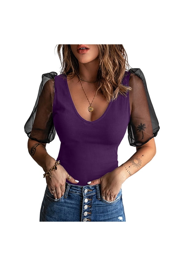 Womens Tops Deep U Neck Cross Wrap Sexy Tops Mesh Short Sleeve T Shirt Casual Blouses