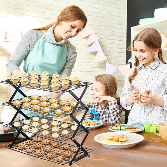 Pleafind 4 Tier Collapsible Cooling Rack - 3 Setting Design, Adjustable & Stackable Baking Rack, 5 Modes Cooling Racks for Cooking and Baking, Roasting & Grilling Gifts for Picnic Party