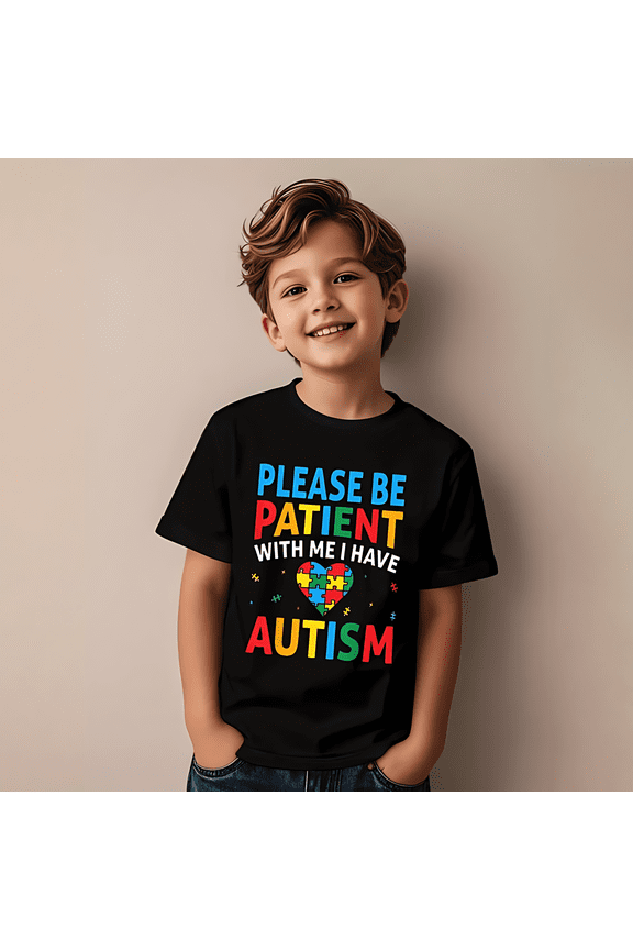 Please Be Patient I Have Autism Awareness Puzzle Heart Kids T-Shirt kid T shirt, 180g