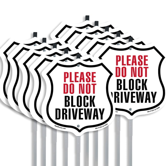 Please Do Not Block Driveway (10 Pack) 12 inch X 12 inch Shield Shaped Rust-Free Aluminum Metal Signs with Aluminum Mounting Stakes Weather Resistant Made in the USA