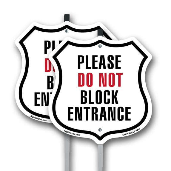 Please Do Not Block Entrance (2 Pack) 12 inch X 12 inch Shield Shaped Rust-Free Aluminum Metal Signs with Aluminum Mounting Stakes Weather Resistant Made in the USA