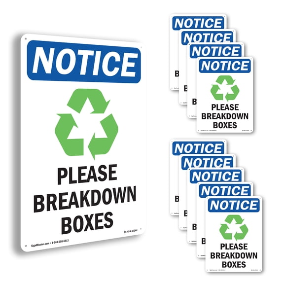 Please Breakdown Boxes OSHA Notice Aluminum Sign 10 Inch x 7 Inch - 10 Pack