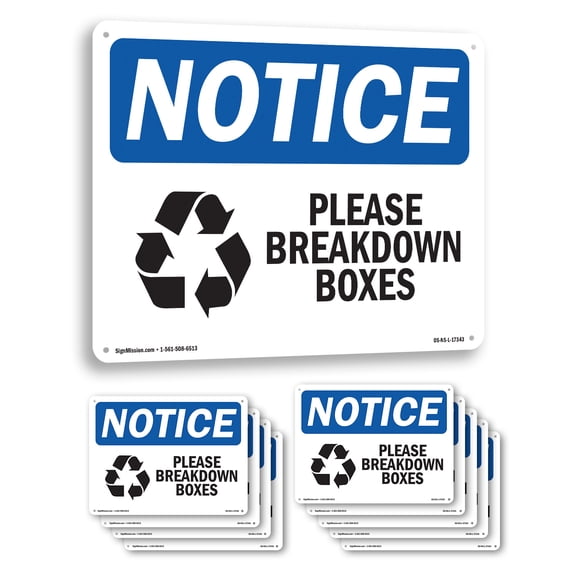 Please Breakdown Boxes OSHA Notice Aluminum Sign 14 Inch x 10 Inch - 10 Pack