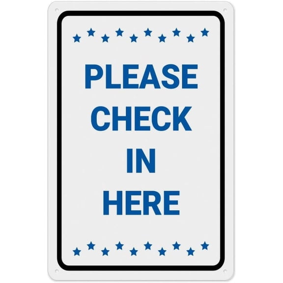 Please Check In Here With Star Icons Retro Metal Tin Sign 8"x12", Funny Wall Decor for Shop Yard Man Cave Garage Outdoor, Indoor Outdoor Use for Home Business Entrance