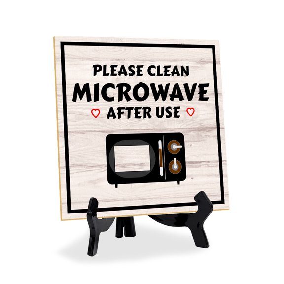 Please Clean Microwave After Use 5"x 5" Square Table Sign With Acrylic Easel | Home & Office Decor