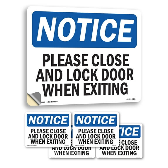 Please Close And Lock Door When Exiting OSHA Notice Vinyl Decal Label 5 Inch x 3.5 Inch - 5 Pack