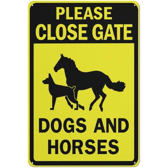 Please Close Gate Dogs And Horses Bright Yellow Sign 12X8 Inch Tin Sign Great For Garden And Yard Wall Decor
