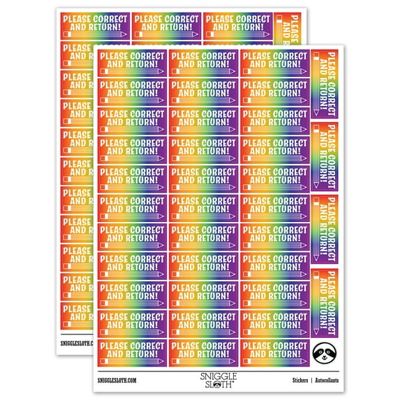 Please Correct and Return Pencil Teacher Student School Sticker Set - Rainbow - Gloss Finish - 1.5" Small