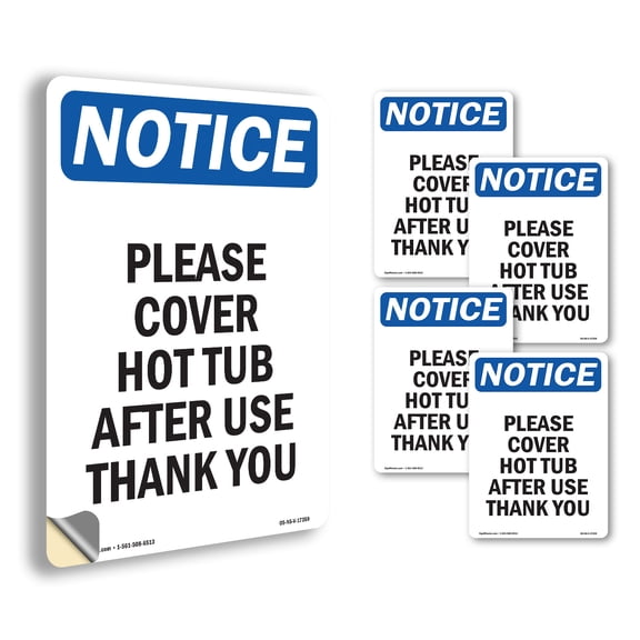Please Cover Hot Tub After Use Thank You OSHA Notice Vinyl Decal Label 5 Inch x 3.5 Inch - 5 Pack