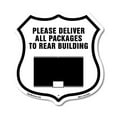 thumbnail image 1 of Please Deliver All Packages To Rear Building 18 inch X 18 inch Shield Shaped Commercial Grade Plastic Sign Weather Resistant Made in the USA, 1 of 6
