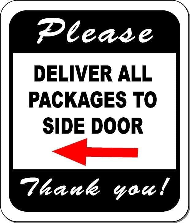 Cartello In Alluminio 'Please Deliver Packages To Side Door' Con Freccia | 20x30 Cm, Fori Preforati | Perimetri E Consegne