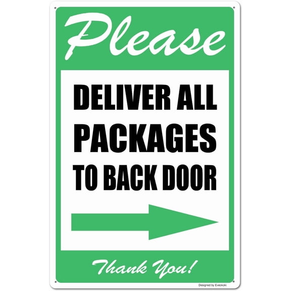 Please Deliver All Packages to Back Door Right Arrow Thank You Signs, 8x 12 Inches Package Delivery Sign Aluminum Metal Sign