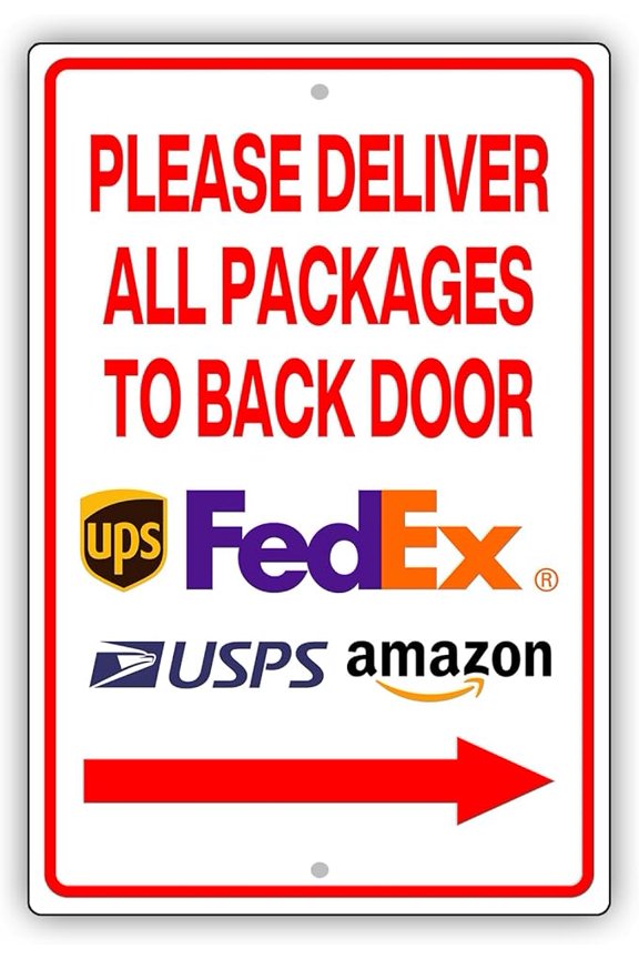 Please Deliver All Packages To Back Door (Right Arrow) - Delivery Signs for Packages Aluminium Metal Delivery Sign for My Packages from Amazon, Deliveries Sign for Indoor Outdoor Use - 12 x 8