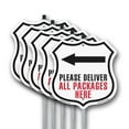 thumbnail image 1 of Please Deliver All Packages Here Left (5 Pack) 12 inch X 12 inch Shield Shaped Rust-Free Aluminum Metal Signs with Aluminum Mounting Stakes Weather Resistant Made in the USA, 1 of 8