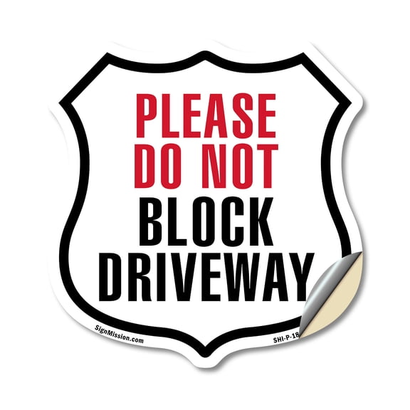 Please Do Not Block Driveway (5 Pack) 4 inch X 4 inch Shield Shaped Heavy Duty 3.2 mil Vinyl Decals Weather Resistant Made in the USA